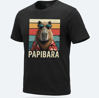 Retro t-shirt featuring a capybara in sunglasses with the word Papibara above — printed on a unisex t-shirt
