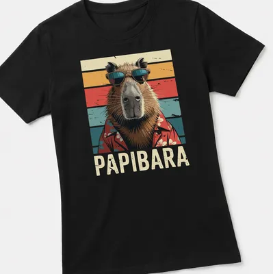 Retro t-shirt featuring a capybara in sunglasses with the word Papibara above — printed on a women's shirt