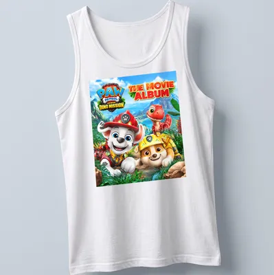 Colorful cartoon design featuring Paw Patrol characters and a dinosaur. — printed on a tank top