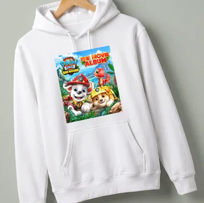 Colorful cartoon design featuring Paw Patrol characters and a dinosaur. — printed on a unisex hoodie