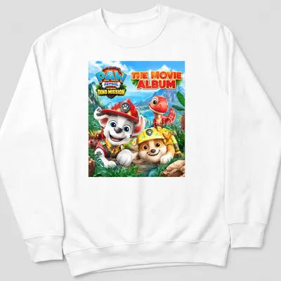 Colorful cartoon design featuring Paw Patrol characters and a dinosaur. — printed on a unisex sweatshirt