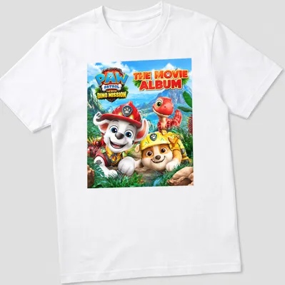 Colorful cartoon design featuring Paw Patrol characters and a dinosaur. — printed on a unisex t-shirt