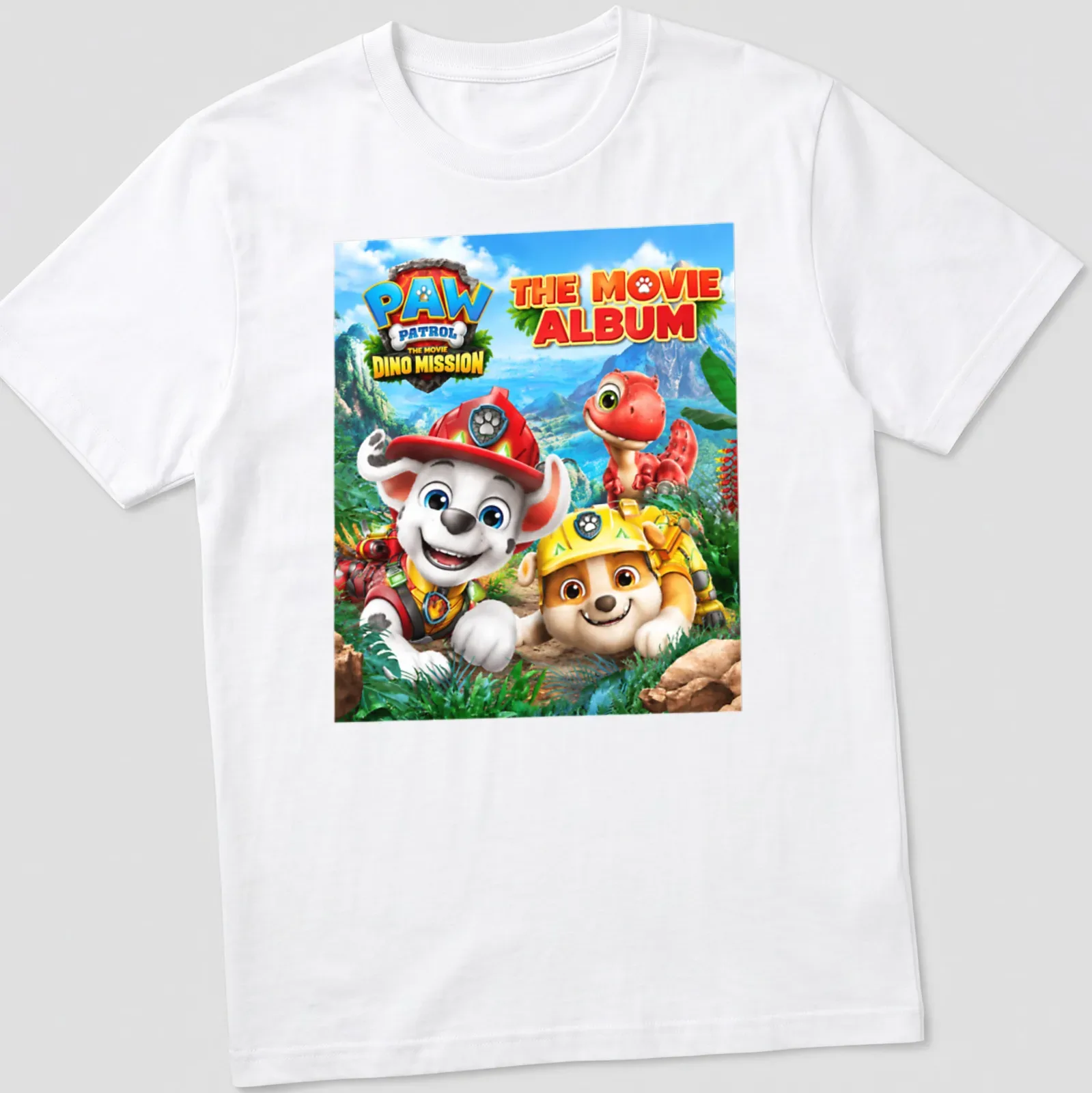 Colorful cartoon design featuring Paw Patrol characters and a dinosaur. — printed on a unisex t-shirt