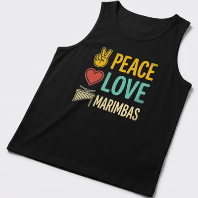 Retro distressed shirt with marimba and musical symbols in colorful text. — printed on a tank top