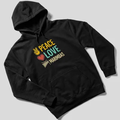 Retro distressed shirt with marimba and musical symbols in colorful text. — printed on a unisex hoodie