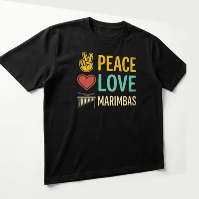 Retro distressed shirt with marimba and musical symbols in colorful text. — printed on a unisex t-shirt (angled view)