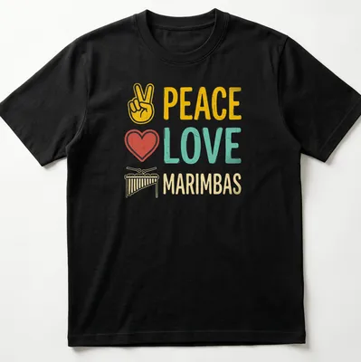 Retro distressed shirt with marimba and musical symbols in colorful text. — printed on a unisex t-shirt