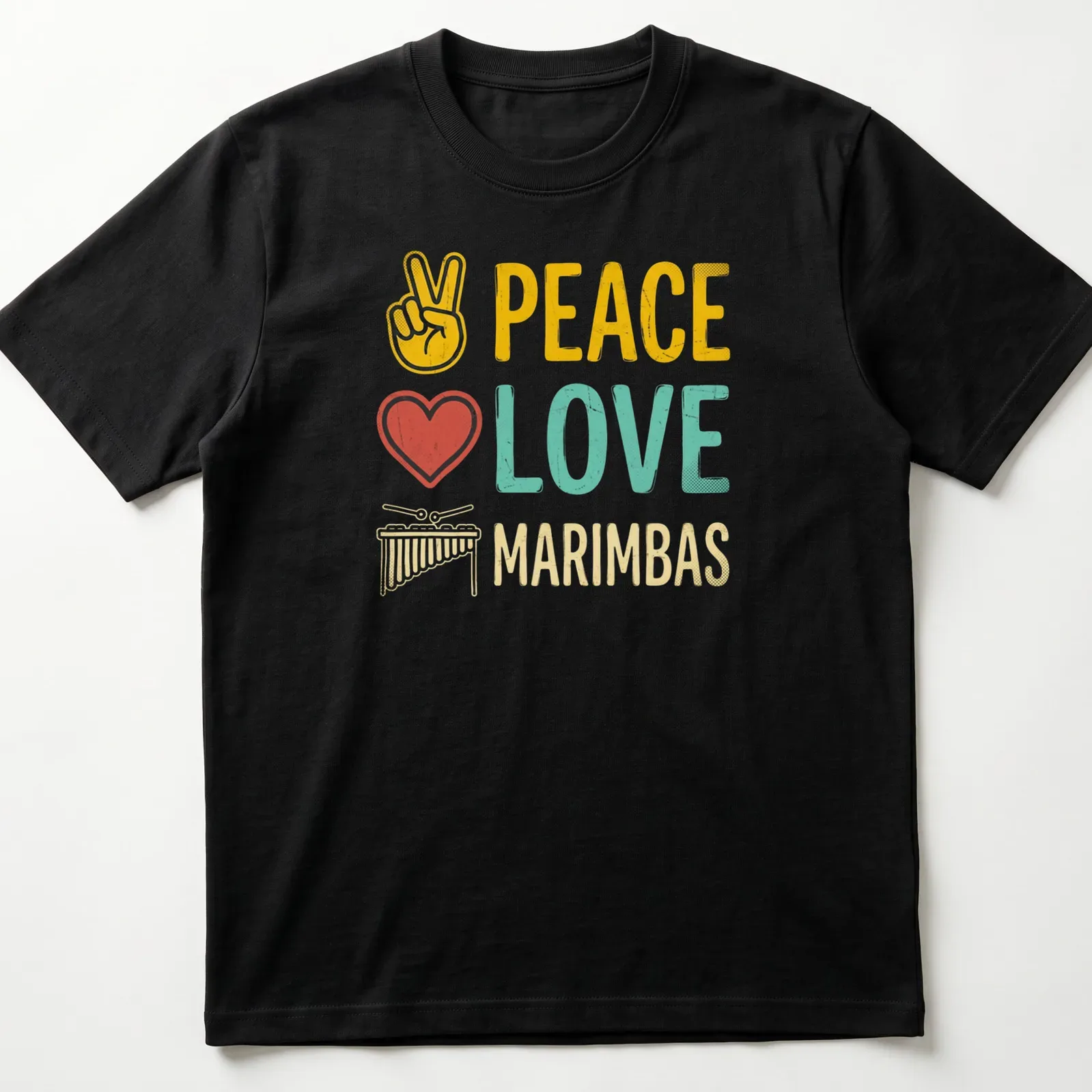 Retro distressed shirt with marimba and musical symbols in colorful text. — printed on a unisex t-shirt