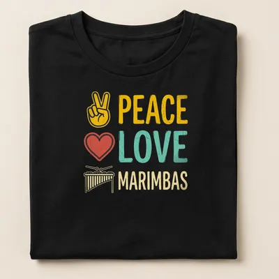 Retro distressed shirt with marimba and musical symbols in colorful text. — printed on a women's shirt