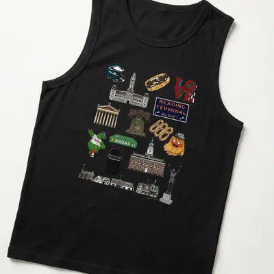 Collage illustration of Philadelphia landmarks in green, yellow, red, blue, brown, and white — printed on a tank top