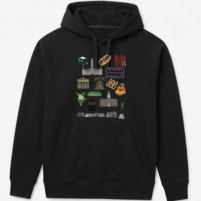Collage illustration of Philadelphia landmarks in green, yellow, red, blue, brown, and white — printed on a unisex hoodie