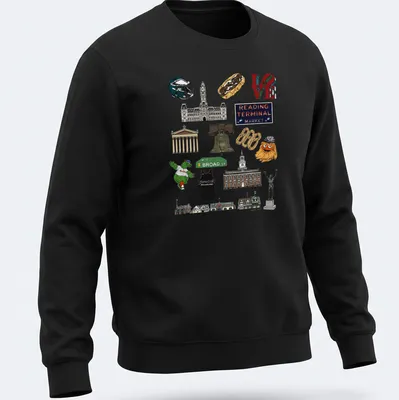 Collage illustration of Philadelphia landmarks in green, yellow, red, blue, brown, and white — printed on a unisex sweatshirt