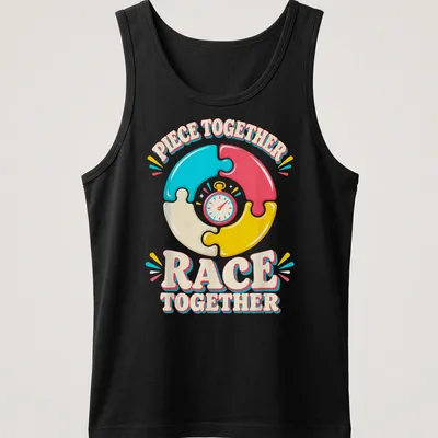 Colorful illustration of puzzle pieces and a stopwatch with the phrase 'Piece Together Race Together' — printed on a tank top