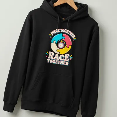Colorful illustration of puzzle pieces and a stopwatch with the phrase 'Piece Together Race Together' — printed on a unisex hoodie