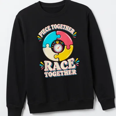 Colorful illustration of puzzle pieces and a stopwatch with the phrase 'Piece Together Race Together' — printed on a unisex sweatshirt