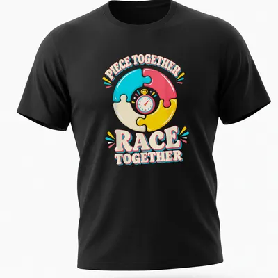 Colorful illustration of puzzle pieces and a stopwatch with the phrase 'Piece Together Race Together'