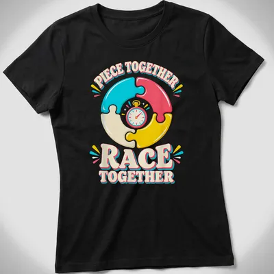 Colorful illustration of puzzle pieces and a stopwatch with the phrase 'Piece Together Race Together' — printed on a women's shirt