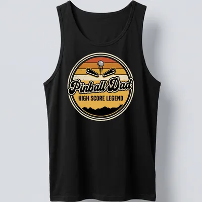 Retro arcade tee featuring a pinball machine with 'Pinball Dad HIGH SCORE LEGEND' text in vintage style — printed on a tank top
