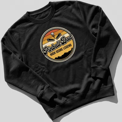 Retro arcade tee featuring a pinball machine with 'Pinball Dad HIGH SCORE LEGEND' text in vintage style — printed on a unisex sweatshirt
