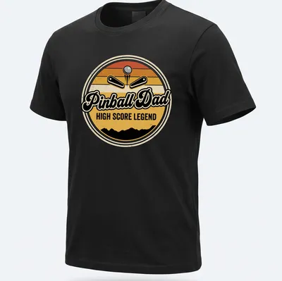 Retro arcade tee featuring a pinball machine with 'Pinball Dad HIGH SCORE LEGEND' text in vintage style