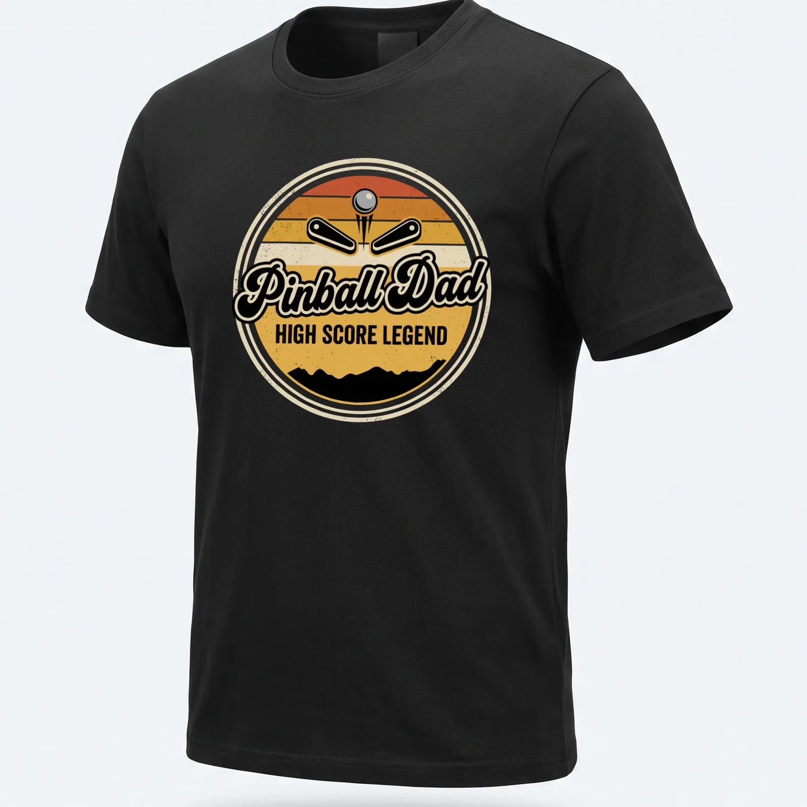 Retro arcade tee featuring a pinball machine with 'Pinball Dad HIGH SCORE LEGEND' text in vintage style — printed on a unisex t-shirt