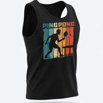 Vintage distressed t-shirt featuring a table tennis player with bold PING PONG text. — printed on a tank top