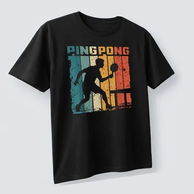 Vintage distressed t-shirt featuring a table tennis player with bold PING PONG text. — printed on a unisex t-shirt (angled view)