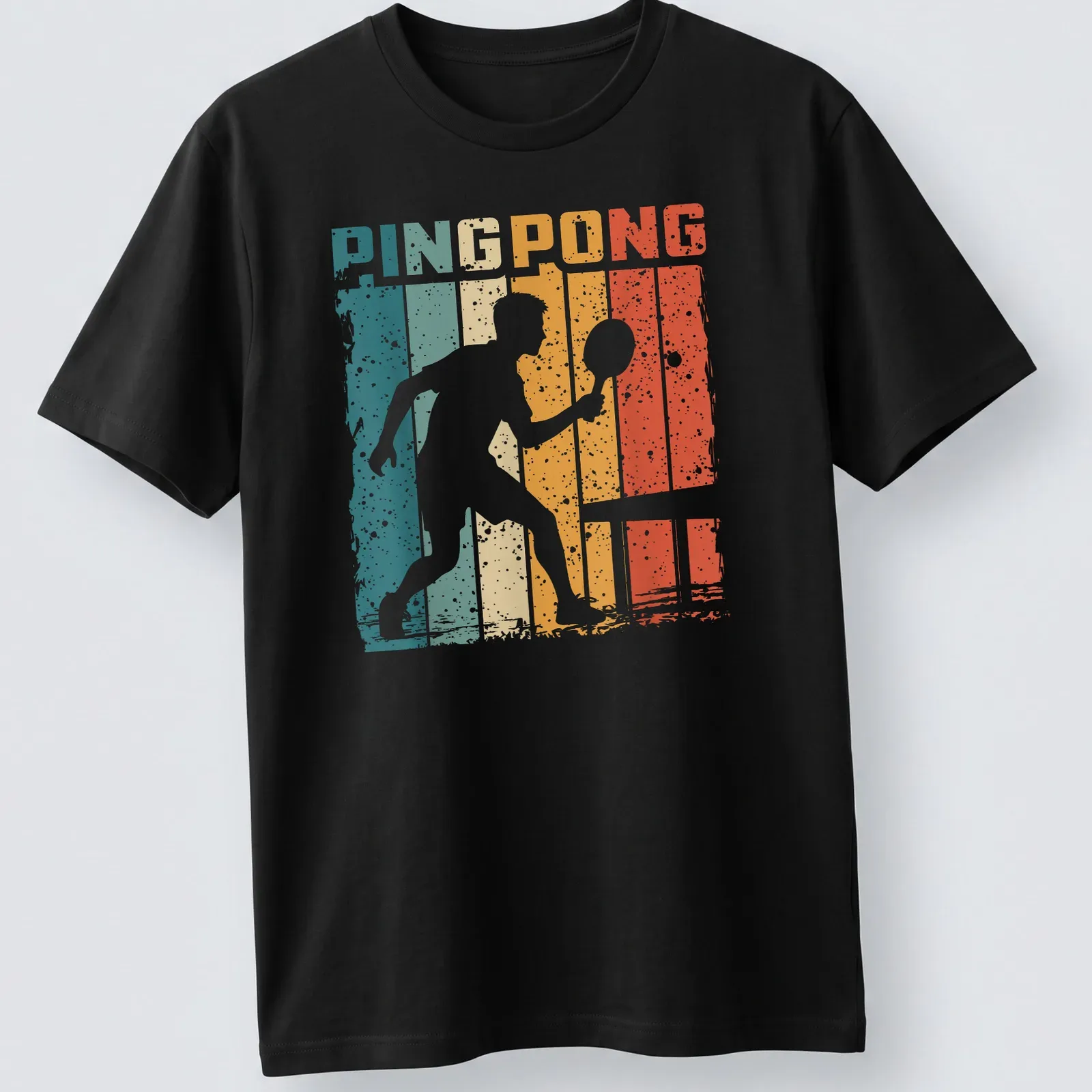 Vintage distressed t-shirt featuring a table tennis player with bold PING PONG text. — printed on a unisex t-shirt