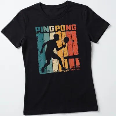 Vintage distressed t-shirt featuring a table tennis player with bold PING PONG text. — printed on a women's shirt