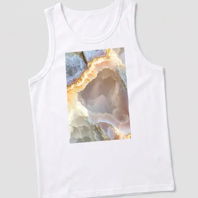 Natural photograph of a pink quartz geode showcasing intricate patterns in pink and cream. — printed on a tank top