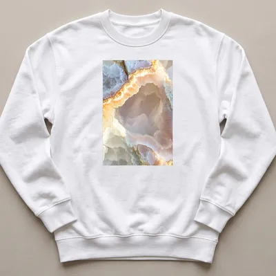 Natural photograph of a pink quartz geode showcasing intricate patterns in pink and cream. — printed on a unisex sweatshirt