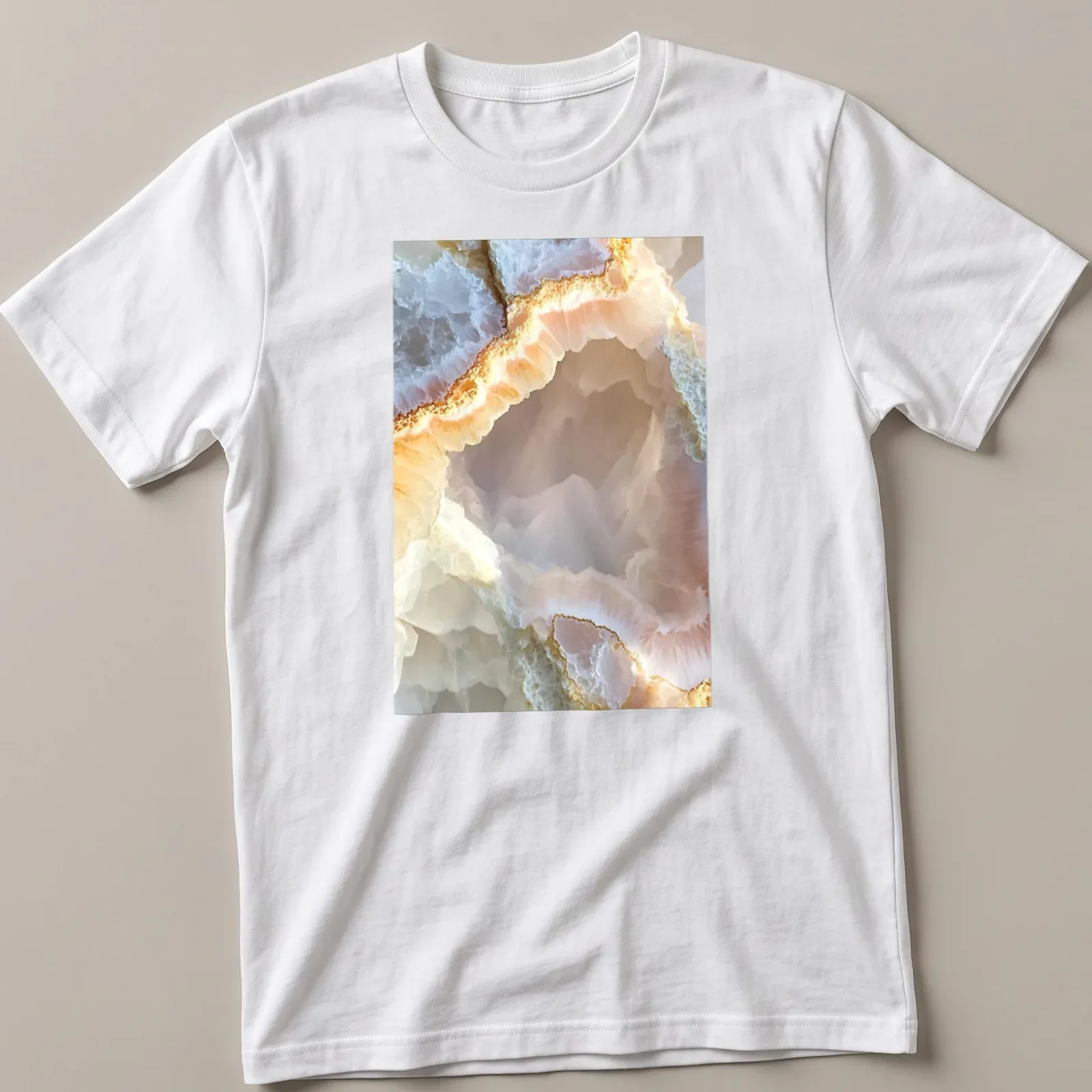 Natural photograph of a pink quartz geode showcasing intricate patterns in pink and cream. — printed on a unisex t-shirt