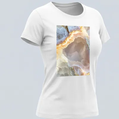 Natural photograph of a pink quartz geode showcasing intricate patterns in pink and cream. — printed on a women's shirt