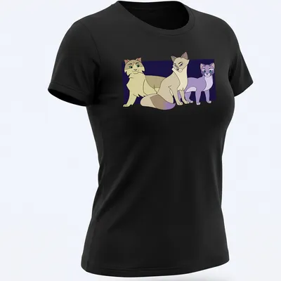 Cute cartoon cats with the text 'Pomefiore Cats' in playful script — printed on a women's shirt