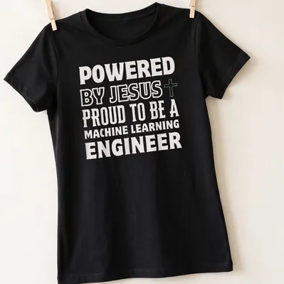 Black and white typography t-shirt expressing faith and pride in machine learning engineering — printed on a women's shirt