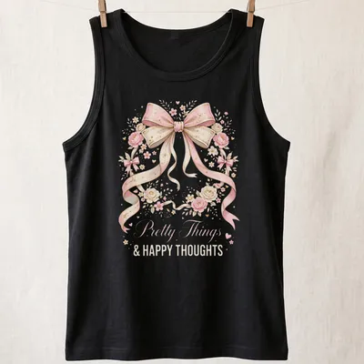 Feminine T-shirt featuring the text Pretty Things & Happy Thoughts with bow and floral design — printed on a tank top