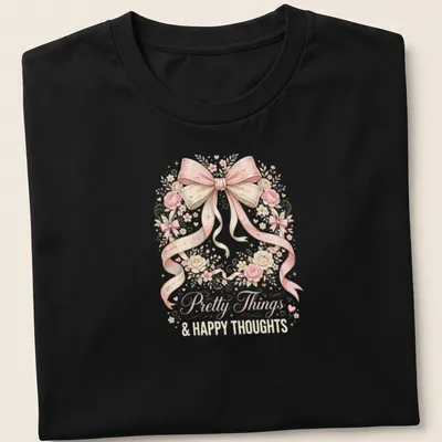 Feminine T-shirt featuring the text Pretty Things & Happy Thoughts with bow and floral design