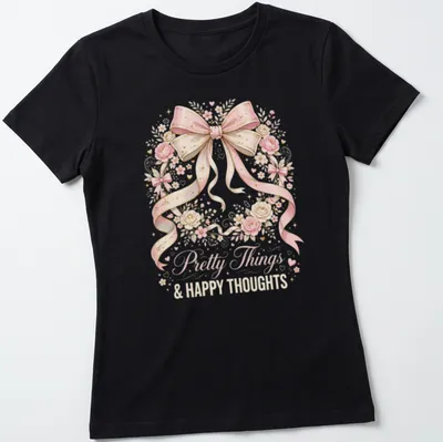 Feminine T-shirt featuring the text Pretty Things & Happy Thoughts with bow and floral design — printed on a women's shirt