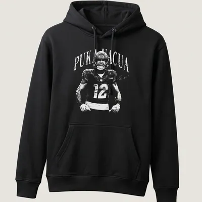 Vintage monochrome shirt featuring Puka Nacua, a football player for the Rams — printed on a unisex hoodie