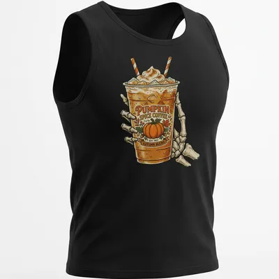 Vintage skeleton hand holding a coffee cup with pumpkin spice blend text — printed on a tank top