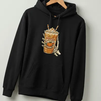 Vintage skeleton hand holding a coffee cup with pumpkin spice blend text — printed on a unisex hoodie