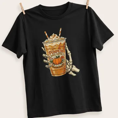 Vintage skeleton hand holding a coffee cup with pumpkin spice blend text — printed on a unisex t-shirt