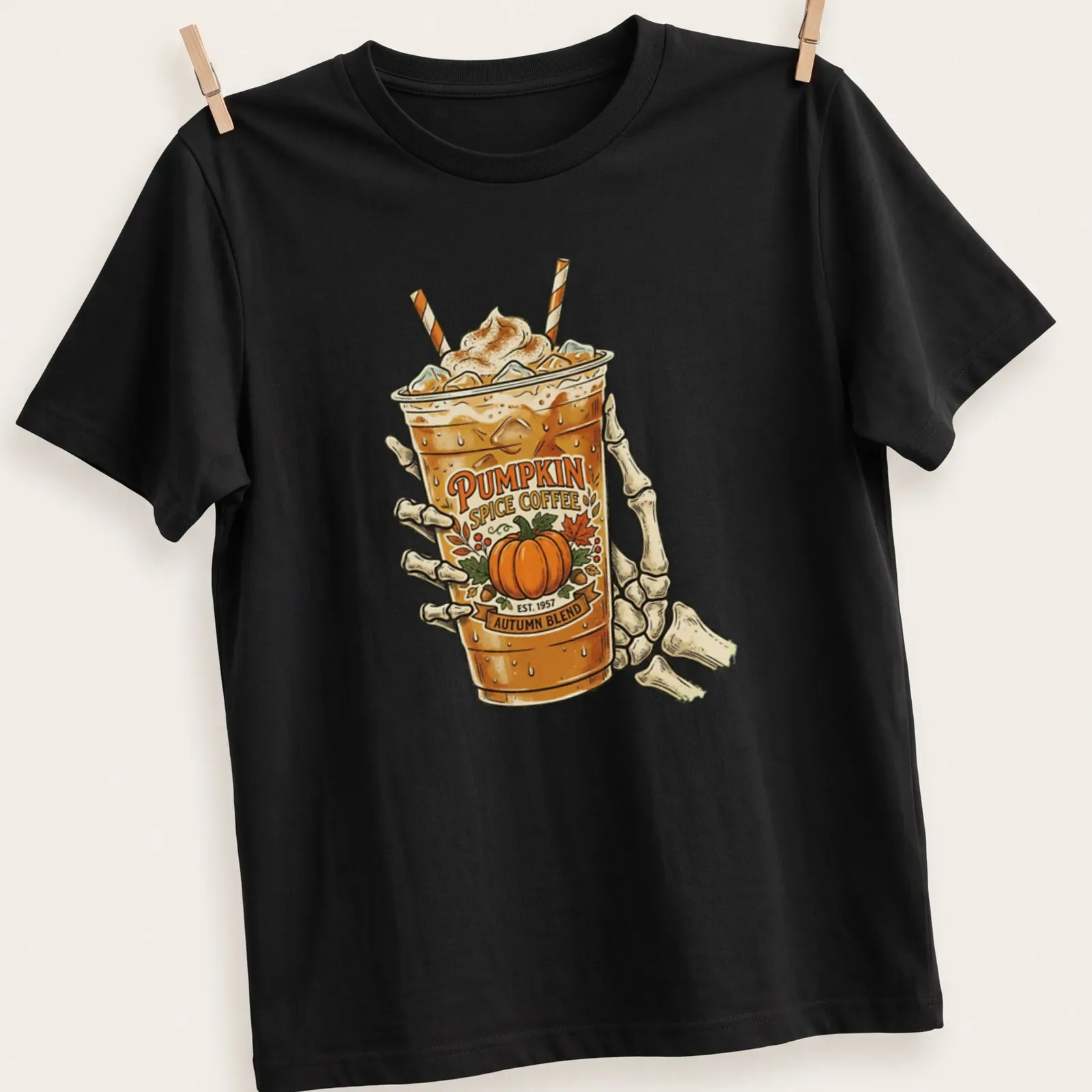 Vintage skeleton hand holding a coffee cup with pumpkin spice blend text — printed on a unisex t-shirt