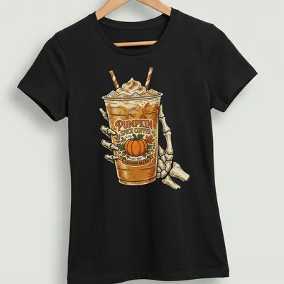 Vintage skeleton hand holding a coffee cup with pumpkin spice blend text — printed on a women's shirt