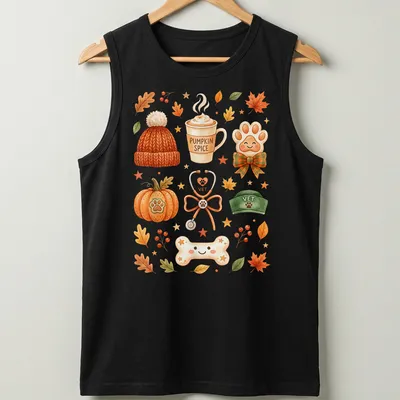 Watercolor design featuring pumpkin spice coffee and vet elements in warm colors. — printed on a tank top