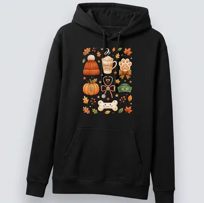 Watercolor design featuring pumpkin spice coffee and vet elements in warm colors. — printed on a unisex hoodie