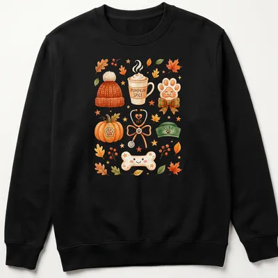 Watercolor design featuring pumpkin spice coffee and vet elements in warm colors. — printed on a unisex sweatshirt