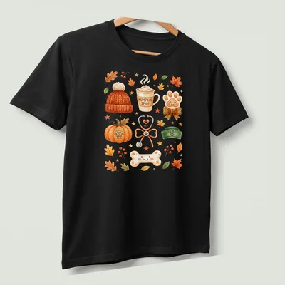 Watercolor design featuring pumpkin spice coffee and vet elements in warm colors. — printed on a unisex t-shirt (angled view)