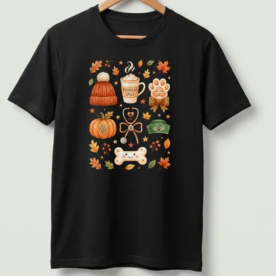 Watercolor design featuring pumpkin spice coffee and vet elements in warm colors.