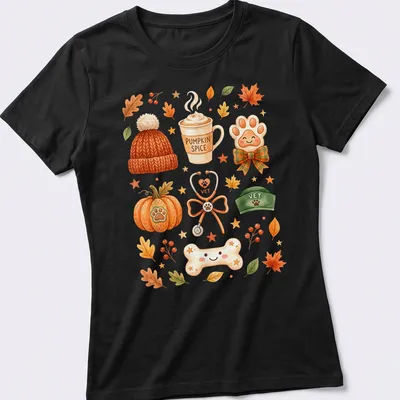 Watercolor design featuring pumpkin spice coffee and vet elements in warm colors. — printed on a women's shirt